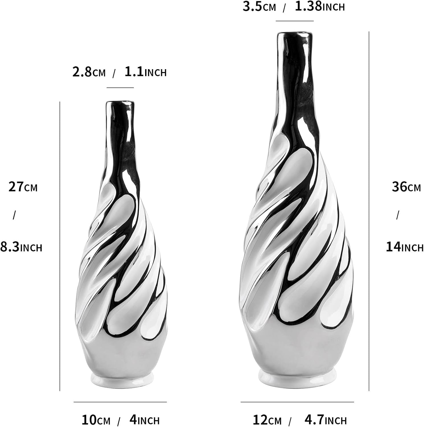 Silver Ceramic Vase Set 2 Modern Pampas Grass Table Living Room Decor