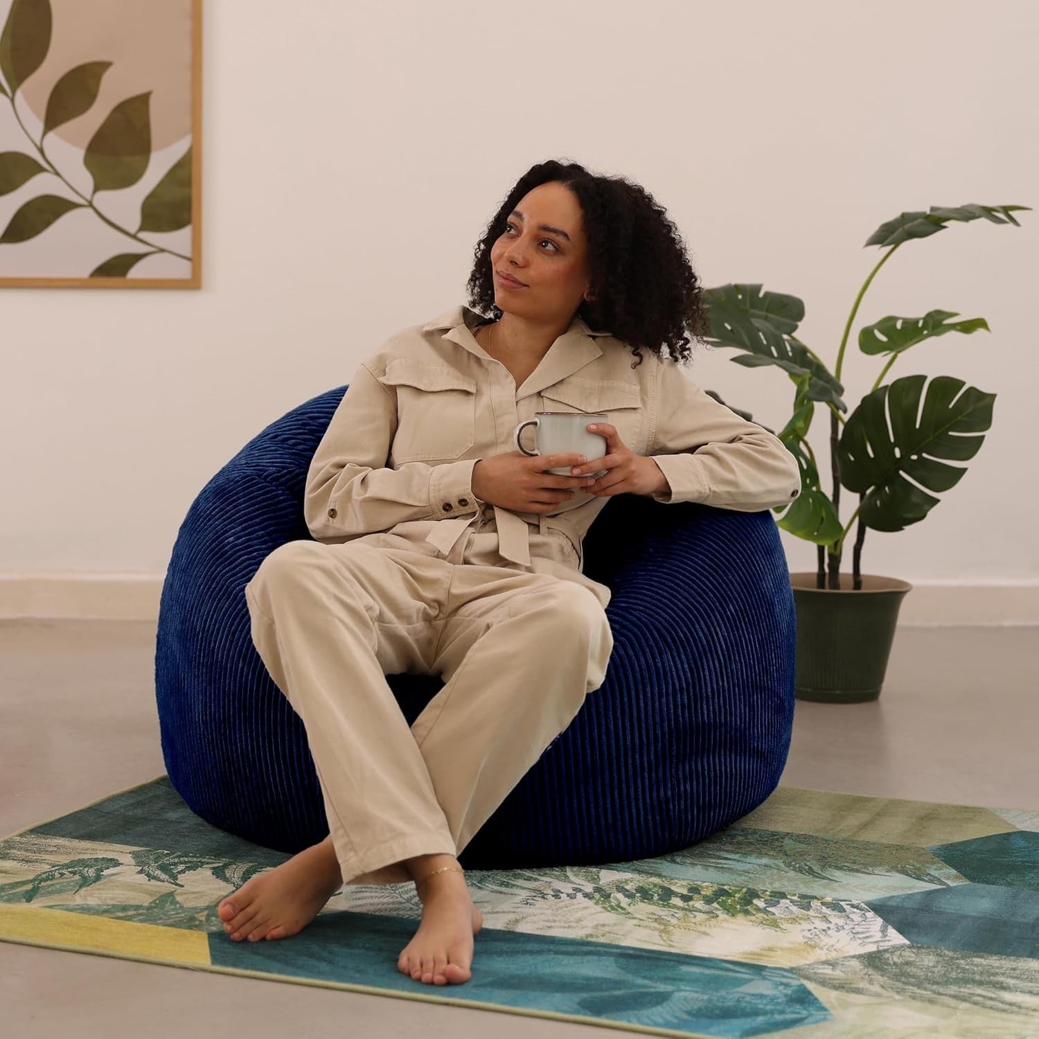 2x Large Navy Cord Bean Bag Chairs | Adult Floor Lounger w/ Filling