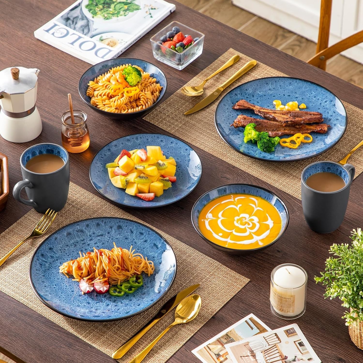16pc Reactive Glaze Dinnerware Set Blue Plates Bowls Mugs Service for 4
