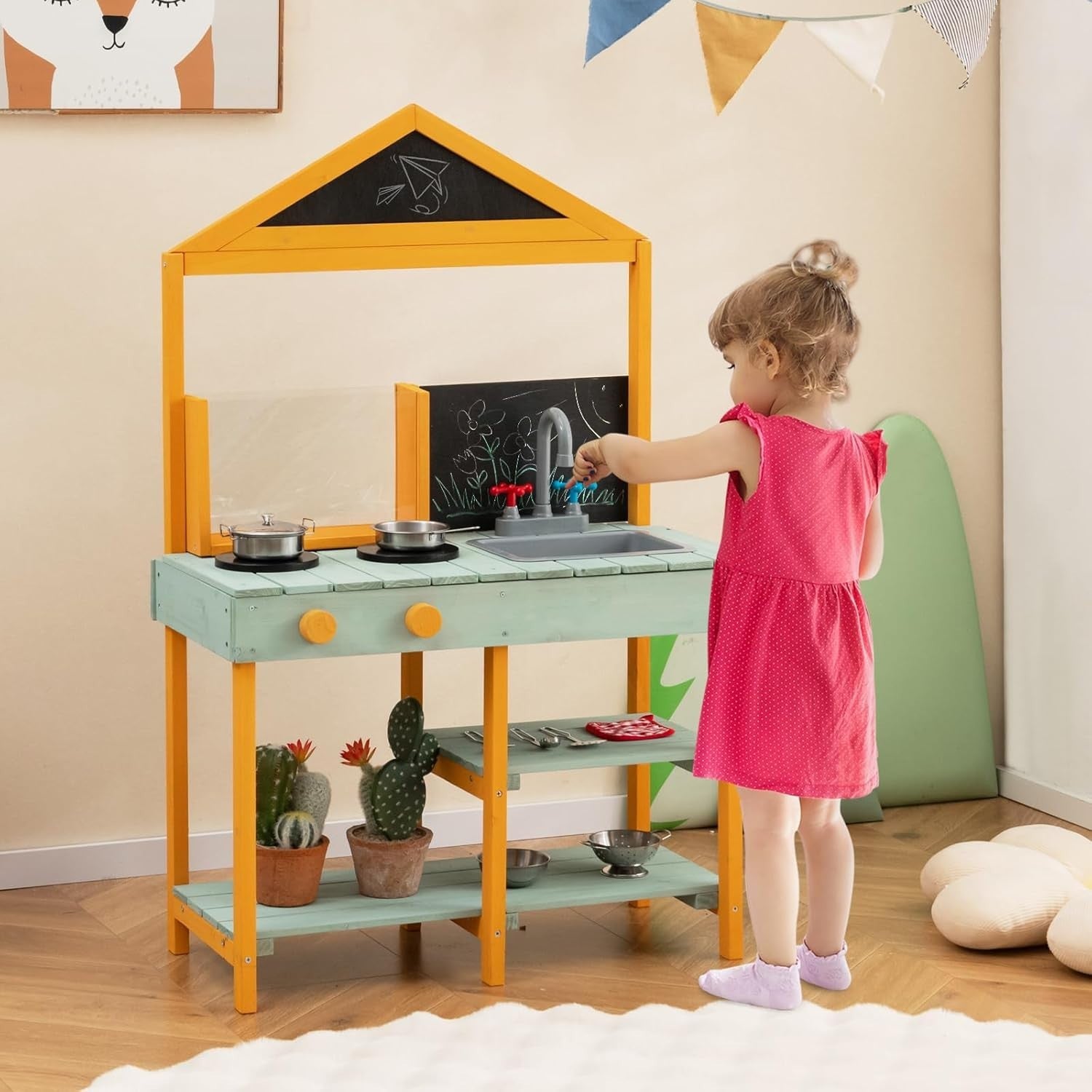 Outdoor Mud Kitchen Kids Playset w/ Planter Sink Chalkboard Set