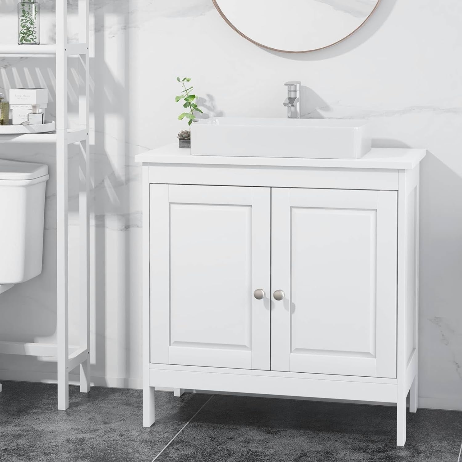 White Under Sink Bathroom Cabinet with Shelf & Long Legs – Freestanding Unit