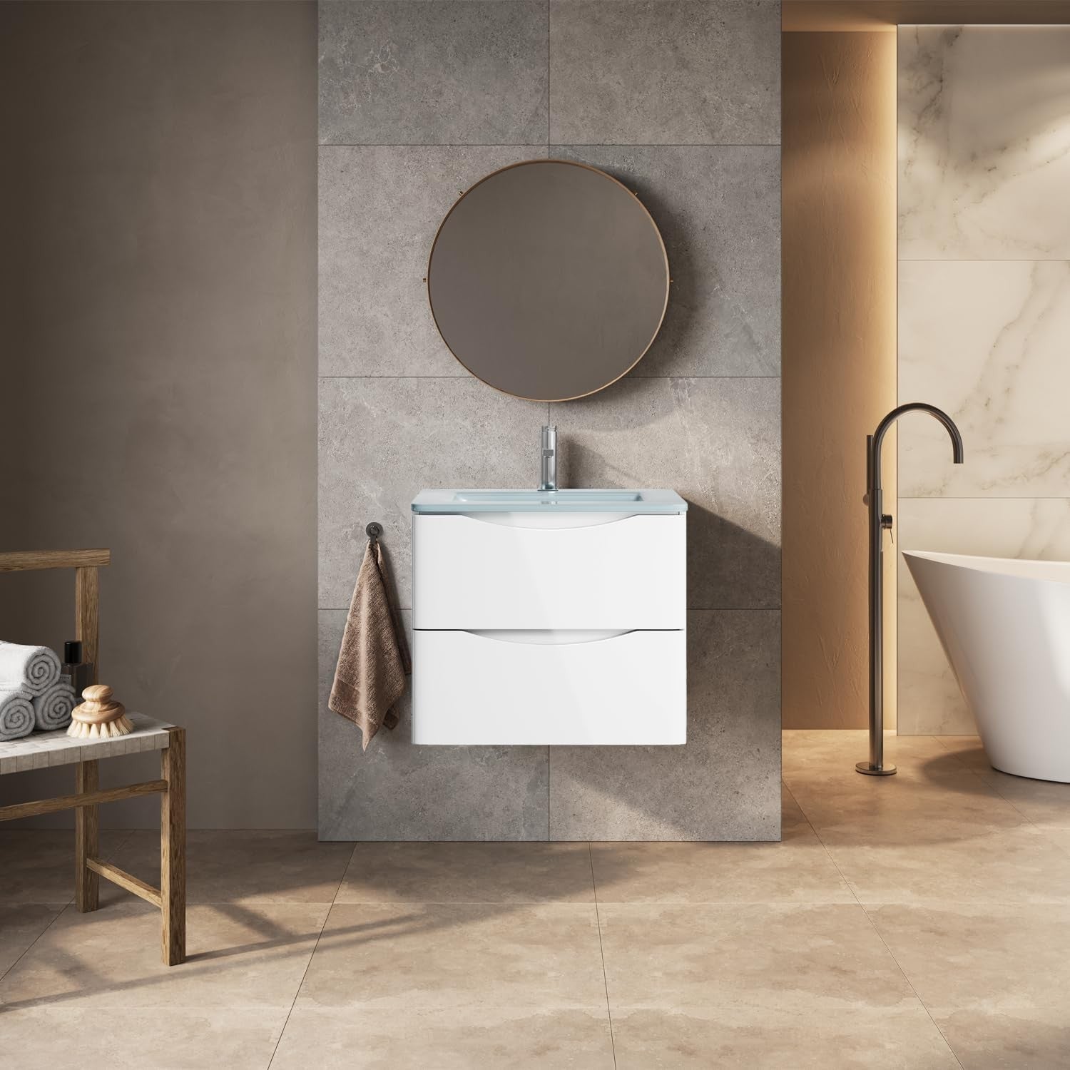 600mm Wall Hung Vanity Unit White Gloss with White Glass Basin Bathroom