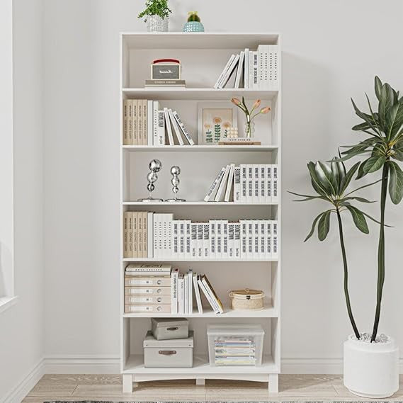 Modern 6-Tier Tall Wooden Bookcase Storage Unit – White Shelf Organiser