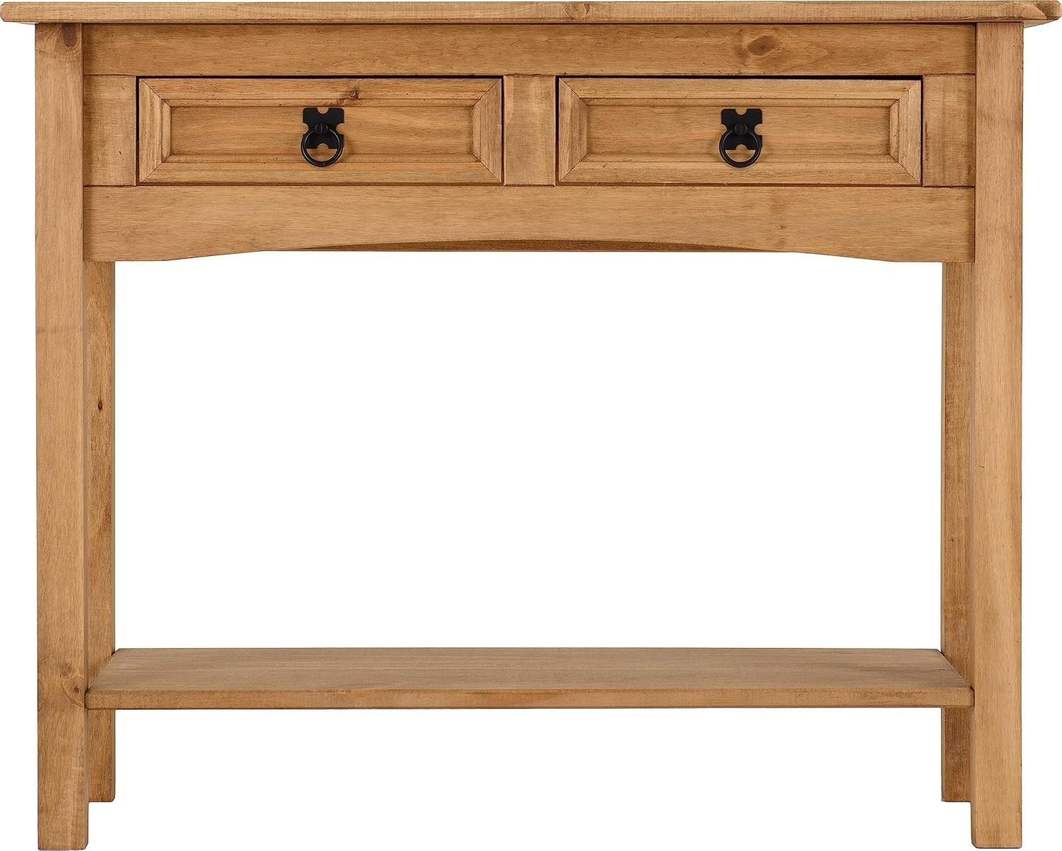 Rustic 2 Drawer Console Table with Shelf – Narrow Pine Hallway Storage