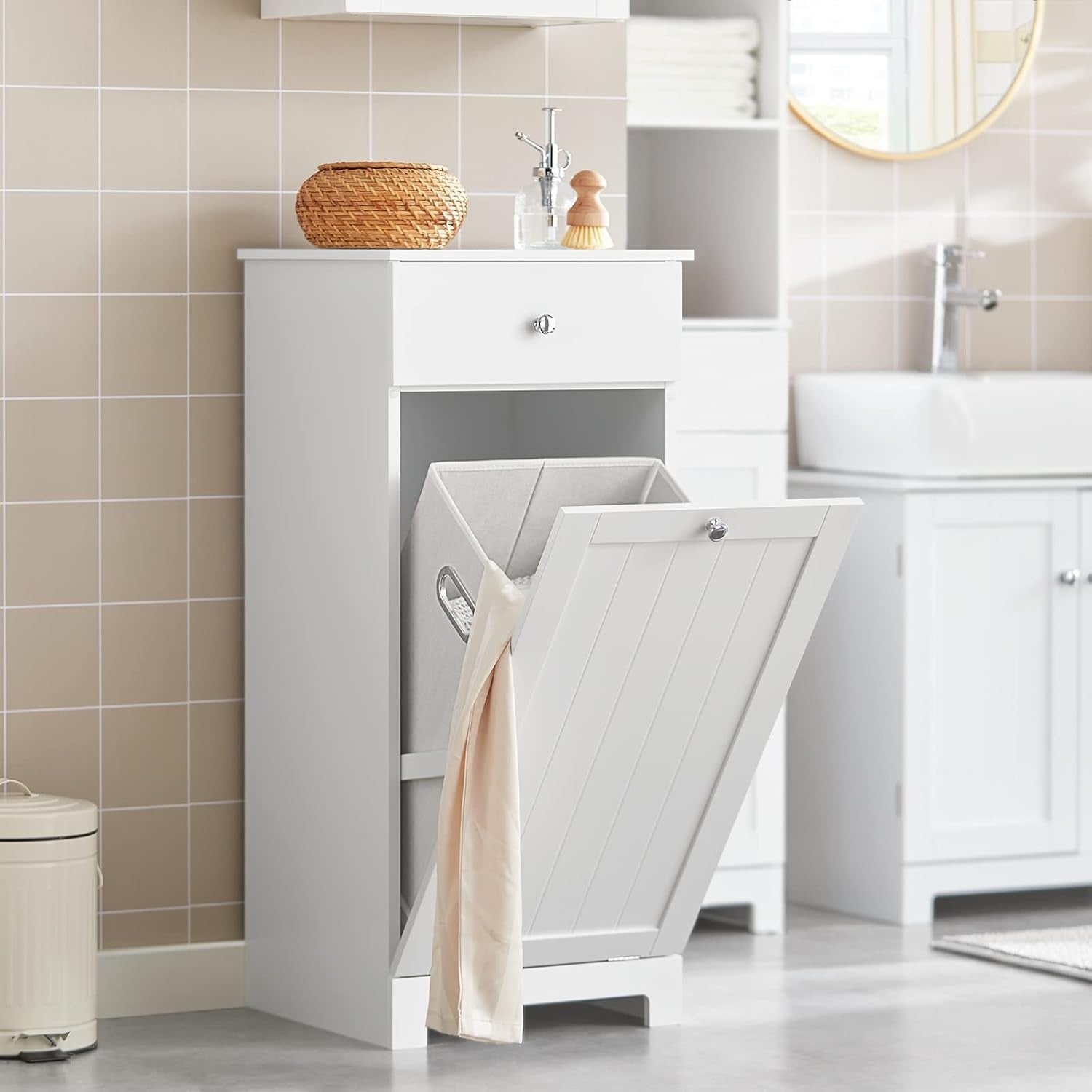 Slim White Bathroom Laundry Cabinet with Tilt Hamper & Drawer 40x90cm Modern