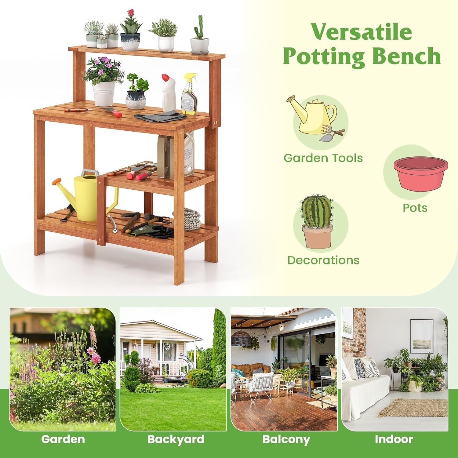 Wooden Garden Potting Table Bench w/ Shelves Teak Oil Finish Outdoor 91x46