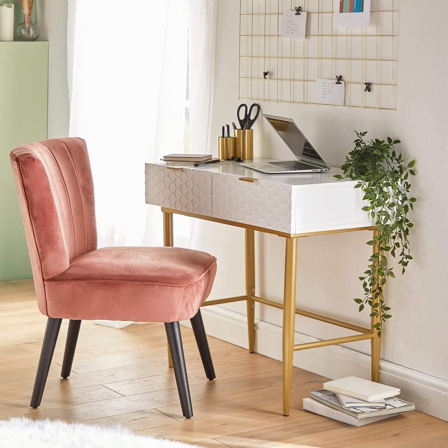 Modern White Dressing Table with Gold Legs, 2 Drawers, Glossy Finish, 90x75cm