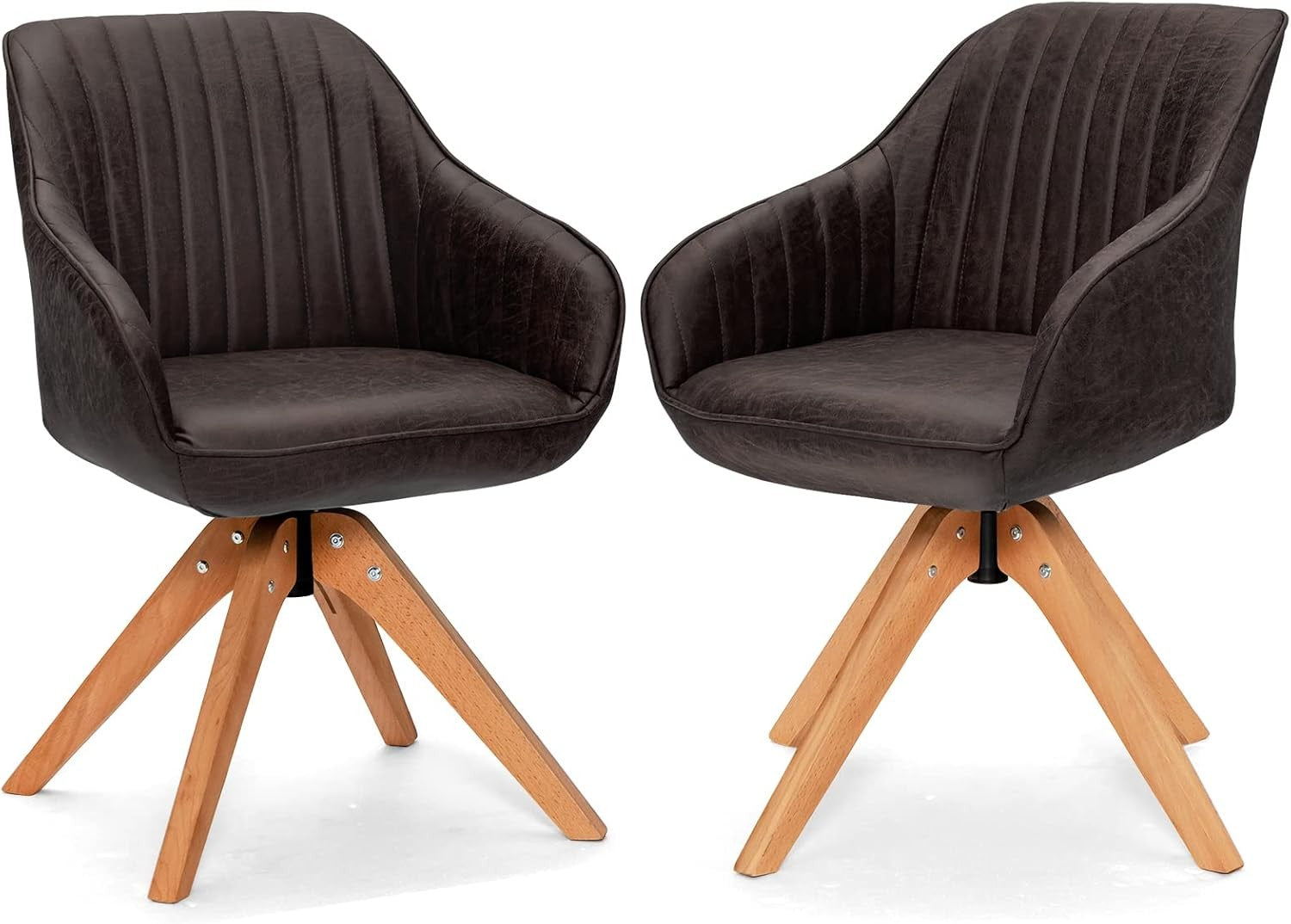 Set of 2 Brown Swivel Desk Chairs Tub Armchairs Wooden Legs