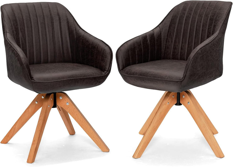 Set of 2 Brown Swivel Desk Chairs Tub Armchairs Wooden Legs