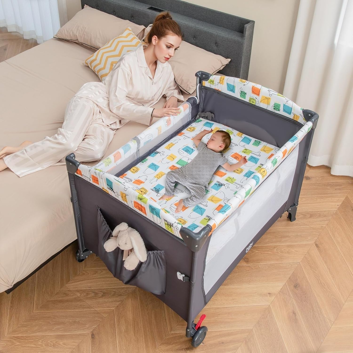 5in1 Baby Travel Cot Bedside Crib Bassinet with Mattress Changer Music Toys