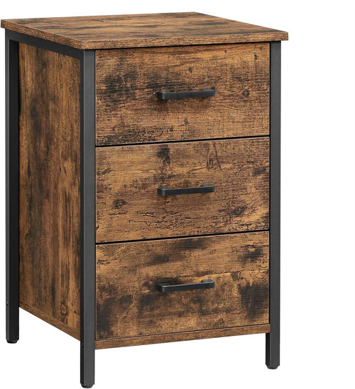 Rustic Industrial Bedside Table with 3 Drawers – Brown & Black Wood Nightstand