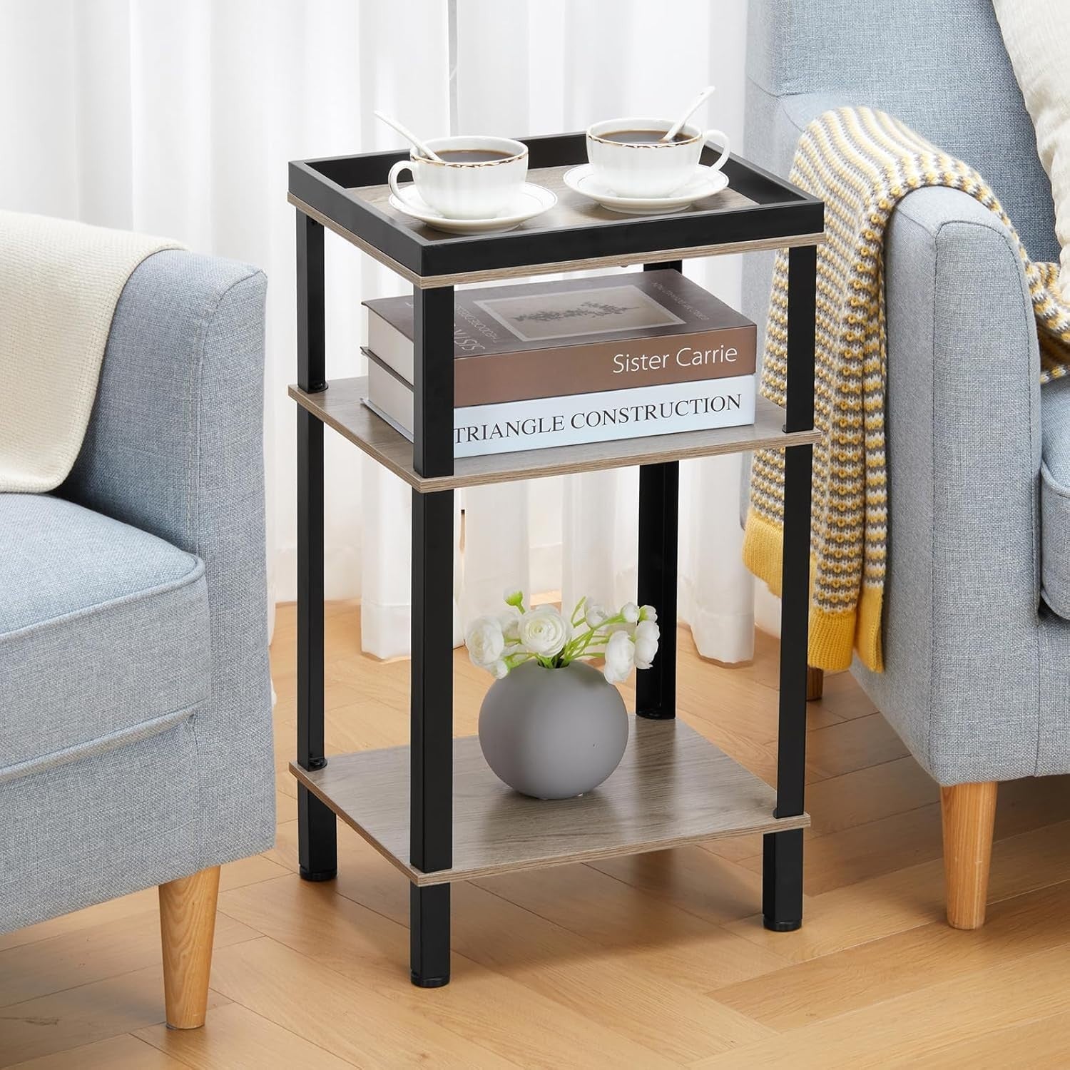 Slim 3 Tier Side Table Oak Small Narrow End Bedside Nightstand Storage