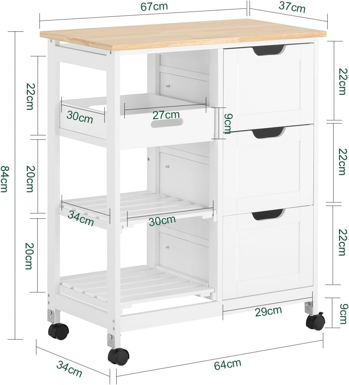 Kitchen Island Trolley with 3 Drawers & Removable Tray White 67x37cm