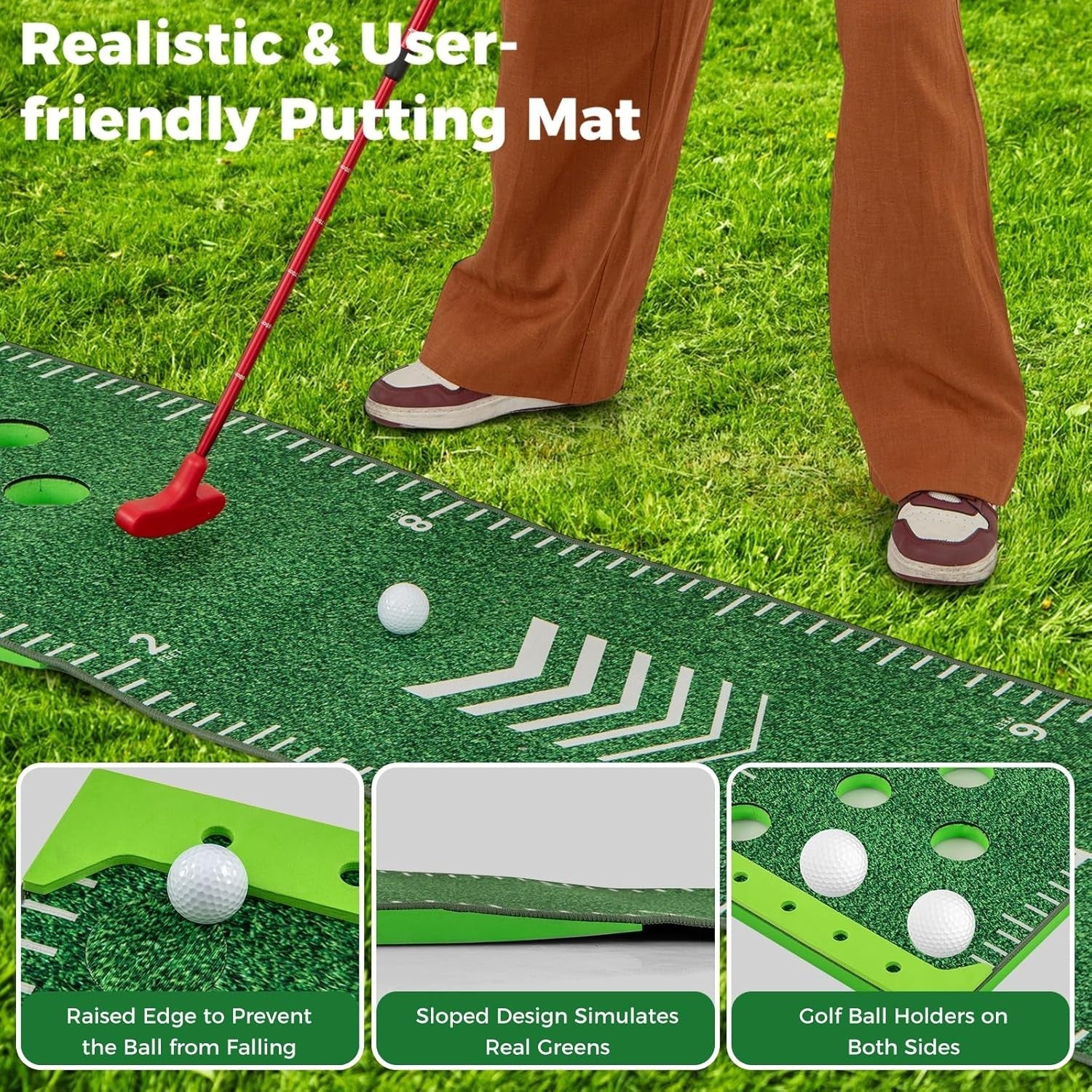 Indoor Golf Putting Green 11FT Practice Mat Set w/ Putters Balls Holes