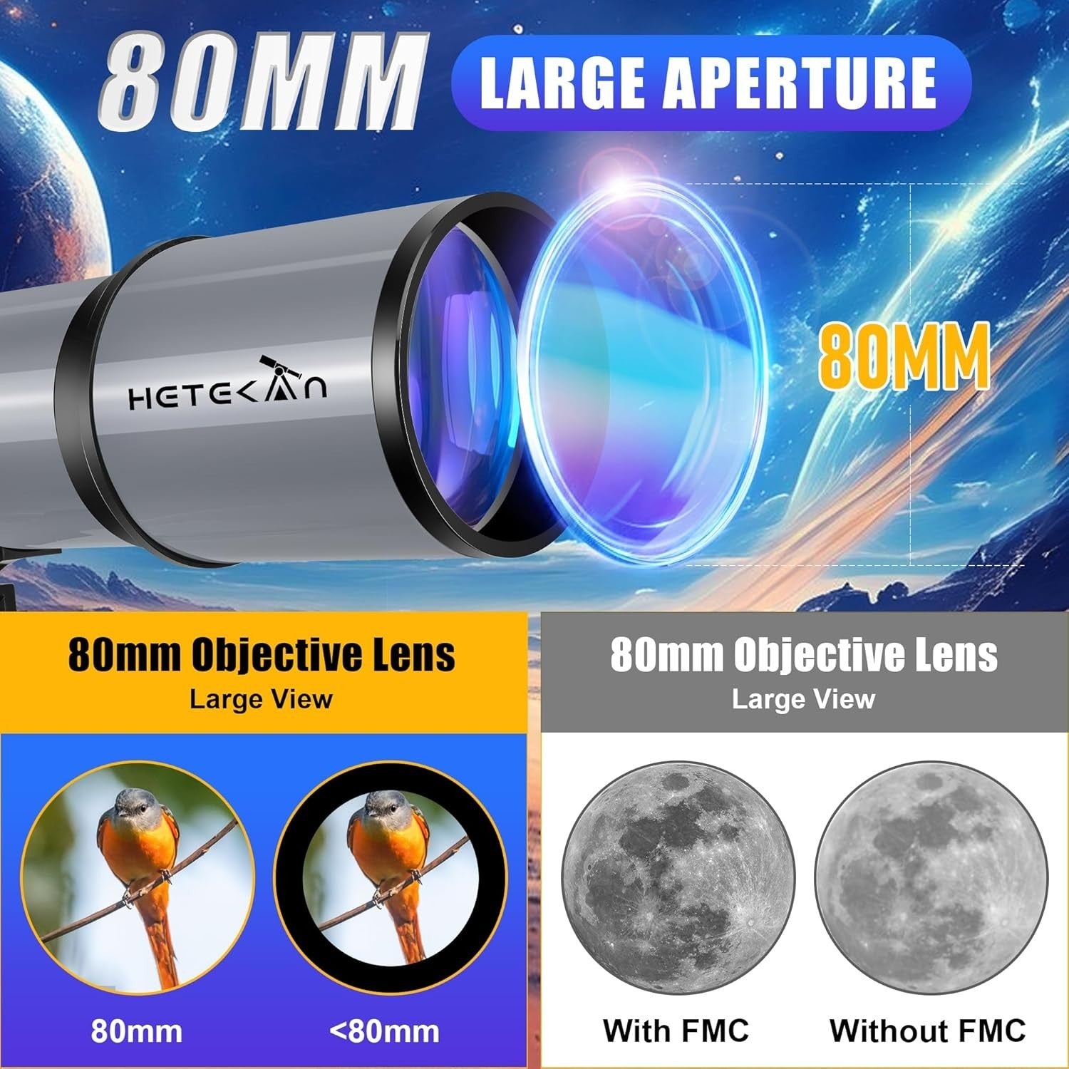 80mm Portable Refractor Telescope 600mm Long Range Moon Star Viewing