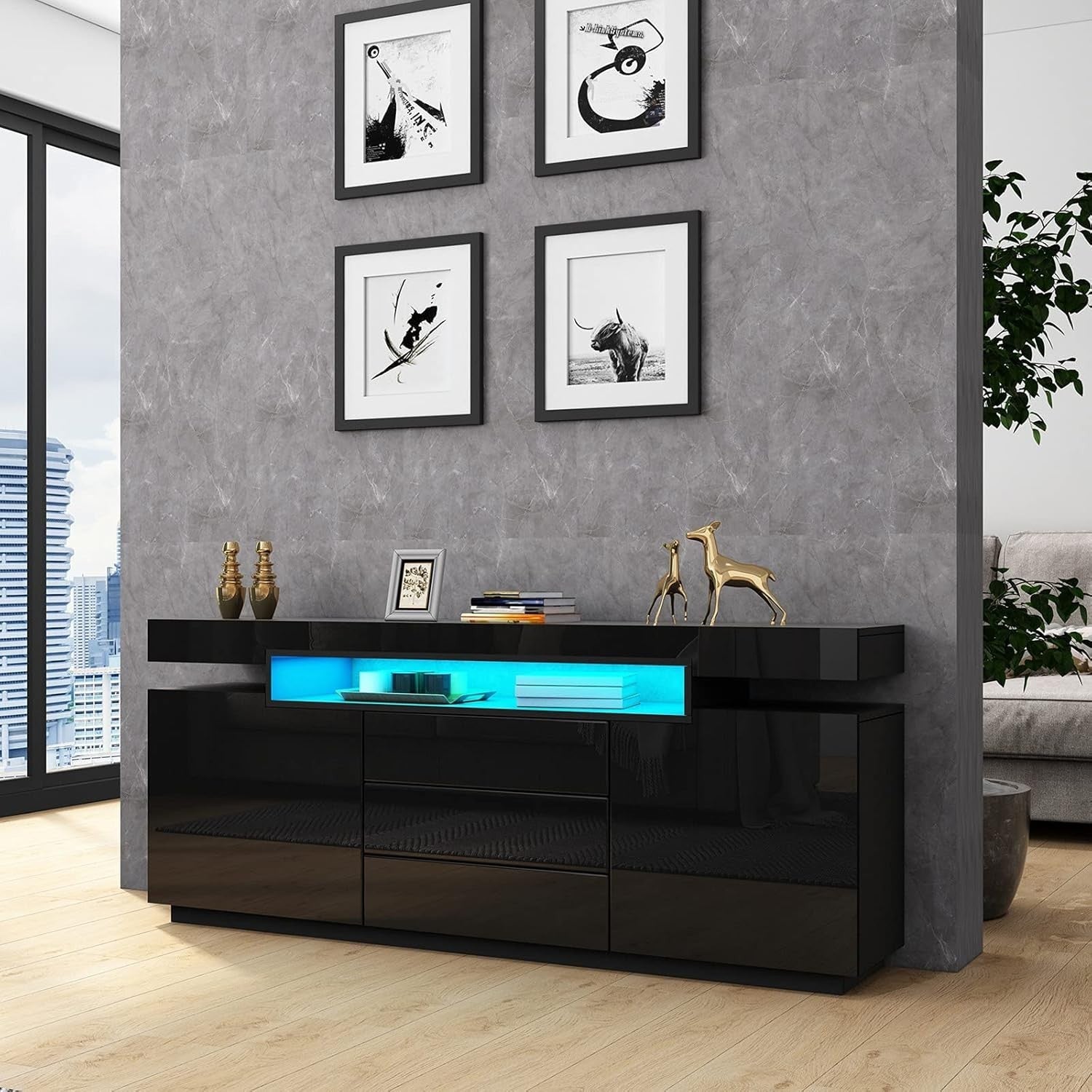 Modern Black High Gloss Sideboard Cabinet LED Light Drawers Storage Unit