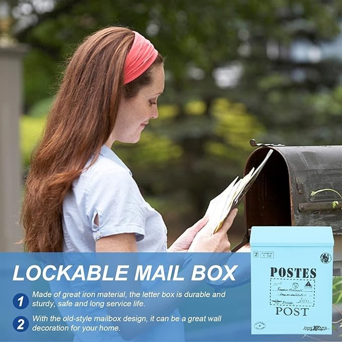 Wall Mount Lockable Mailbox Blue Iron Vintage Outdoor Post Box 30x22x7cm