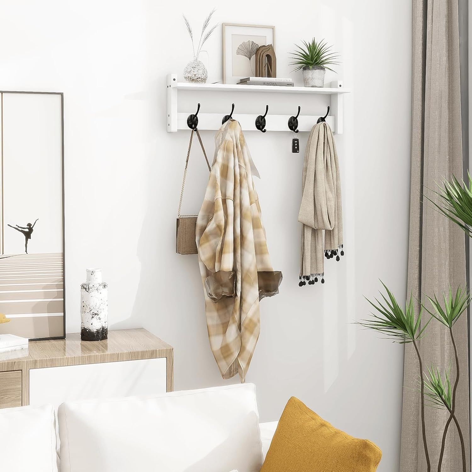 24in White Wall Mounted Coat Rack with Shelf Entryway Hat Towel Bag Hooks