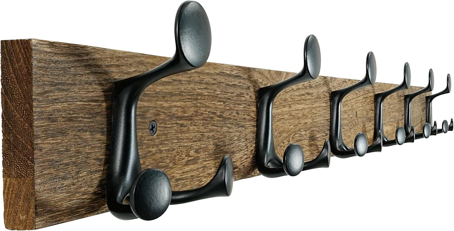 Wood Burnt Wall Coat Rack 6 Triple Hooks | 99cm Rustic Hanging Rail