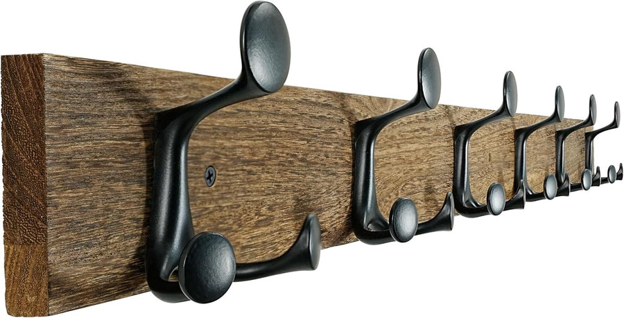 Wood Burnt Wall Coat Rack 6 Triple Hooks | 99cm Rustic Hanging Rail