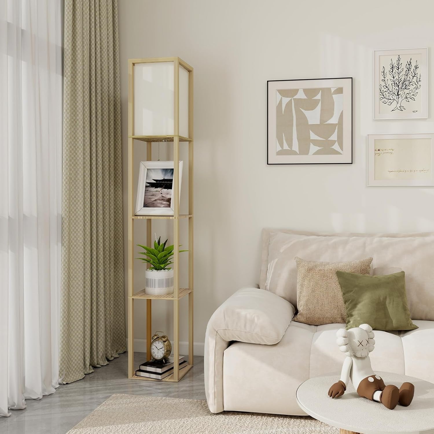 Floor Lamp with Shelves Storage Standing Light Wooden Modern E27 Tall
