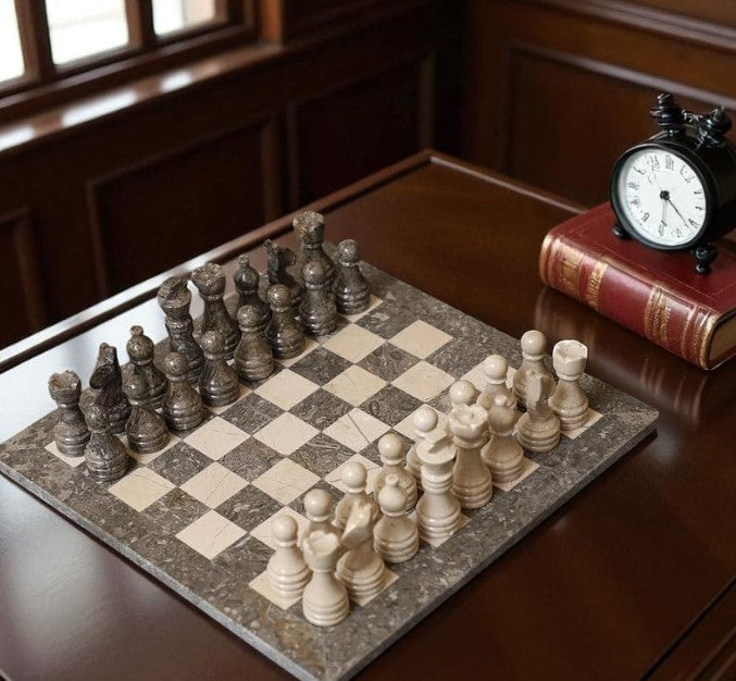 Luxury Marble Chess Set 10x10” Oceanic Grey Stone Board + Handcrafted Pieces