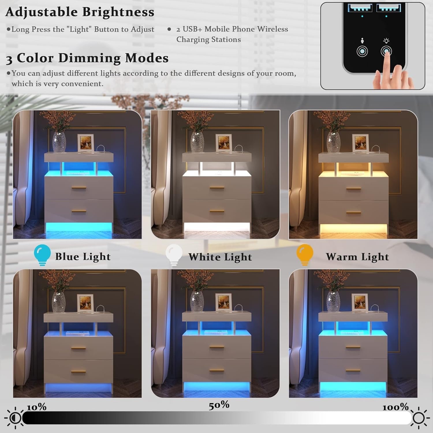 White LED Bedside Table Wireless Charging, Glass Top & 2 Drawers Modern