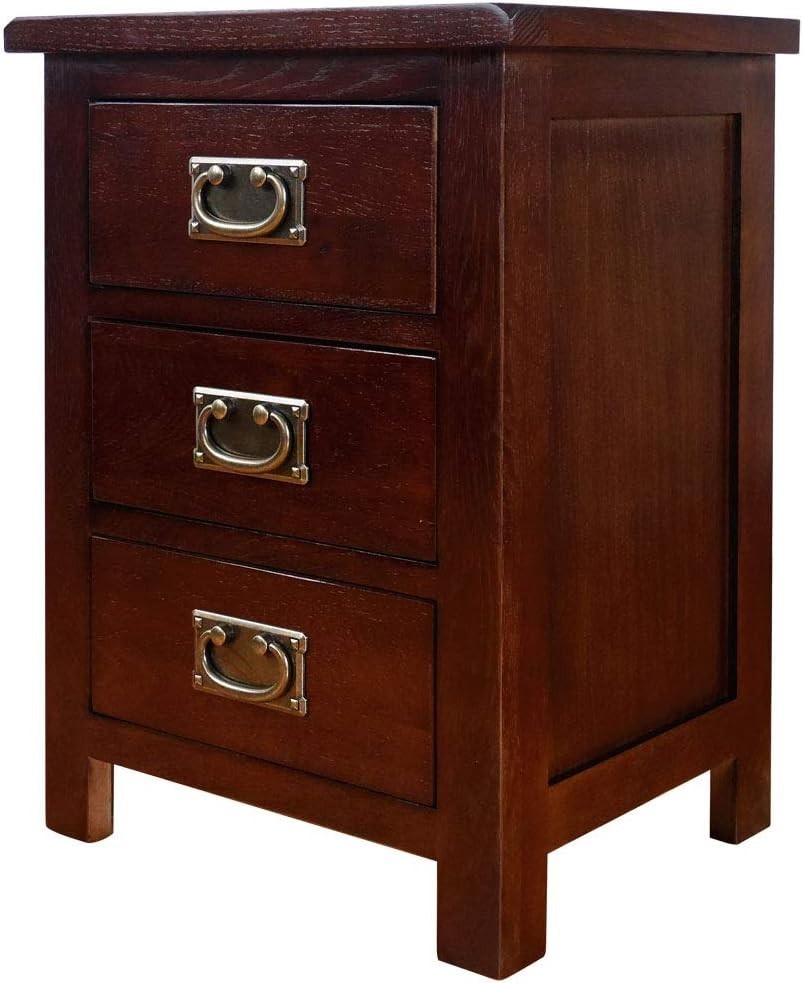Walnut Oak Bedside Table with 3 Drawers, Solid Wood Nightstand 56x42x32cm