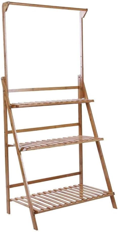 3 Tier Foldable Bamboo Plant Stand with Hanging Bar Indoor Outdoor Flower Shelf
