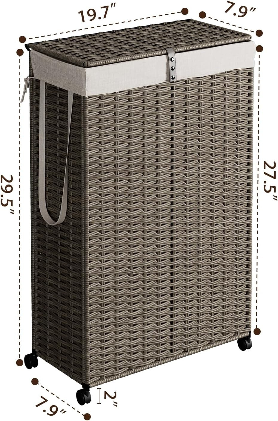 70L Slim Rattan Laundry Hamper with Wheels Lid & Removable Bag Grey Basket