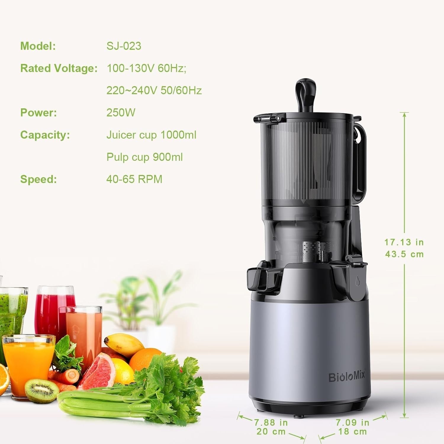 Cold Press Juicer 130mm Wide Feed Chute Whole Fruit High Yield 250W