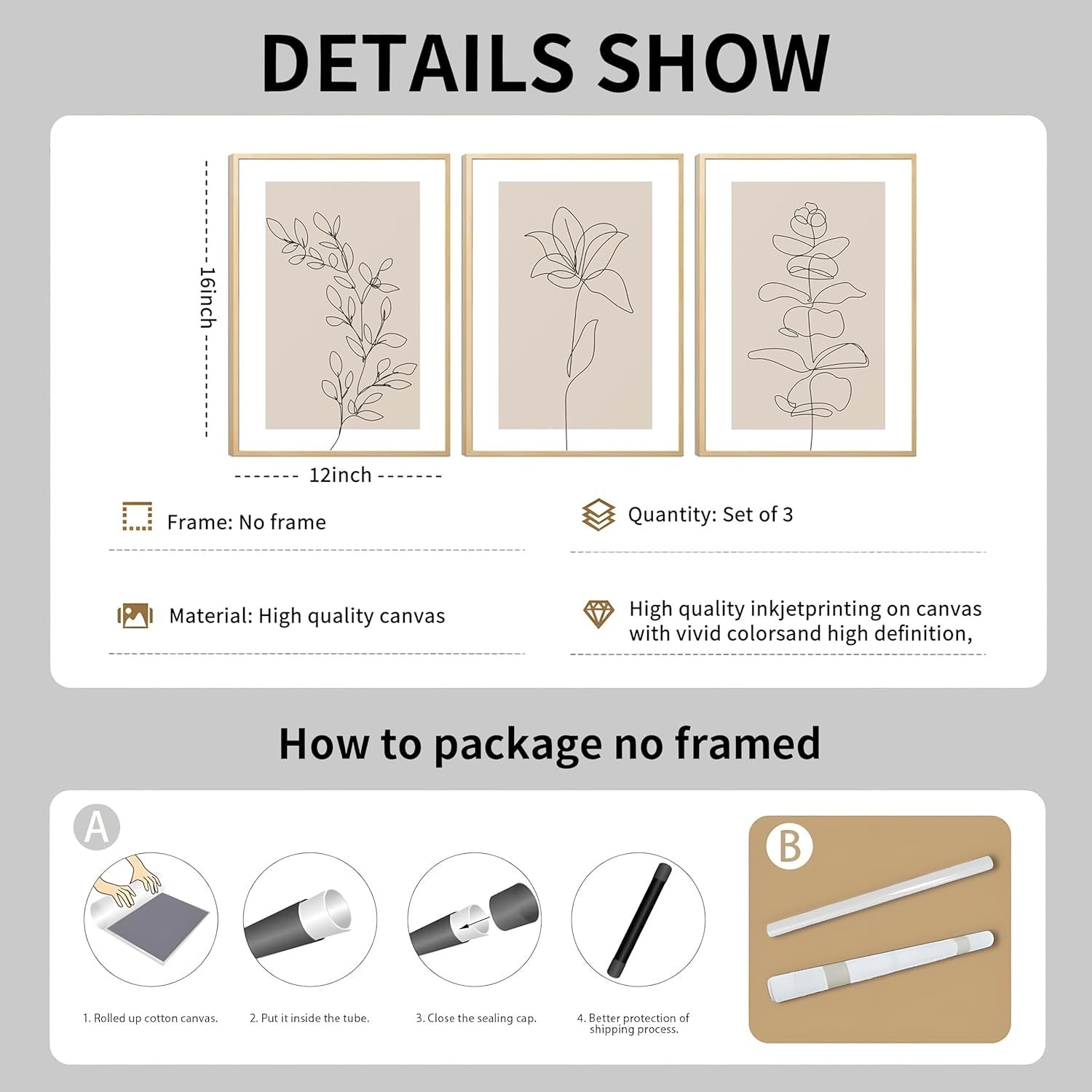 Neutral Botanical Wall Art Set of 3 12×16 in Floral Prints
