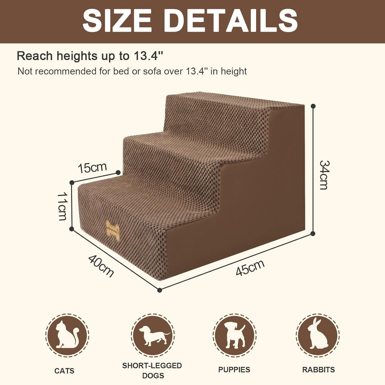 3-Step Dog Stairs Non-Slip Pet Ramp for Small Dogs Cats Brown