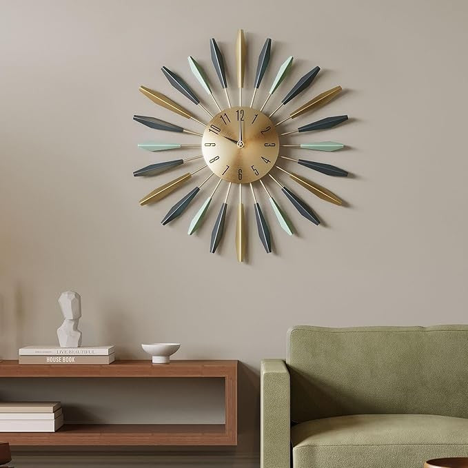 22" Mid Century Starburst Wall Clock Modern Silent Metal Large Home Decor