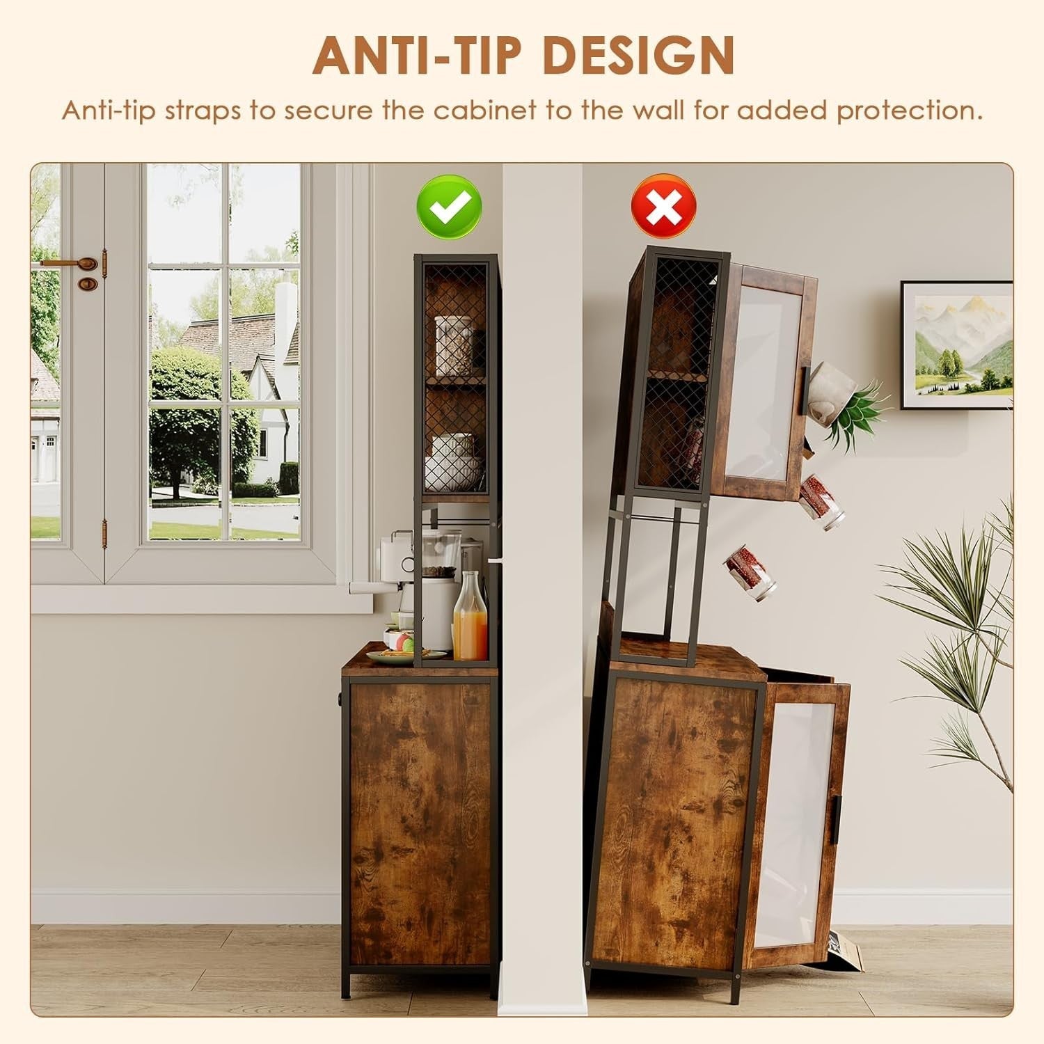 Rustic Brown & Black Tall Kitchen Pantry Cupboard 5 Doors 1 Drawer
