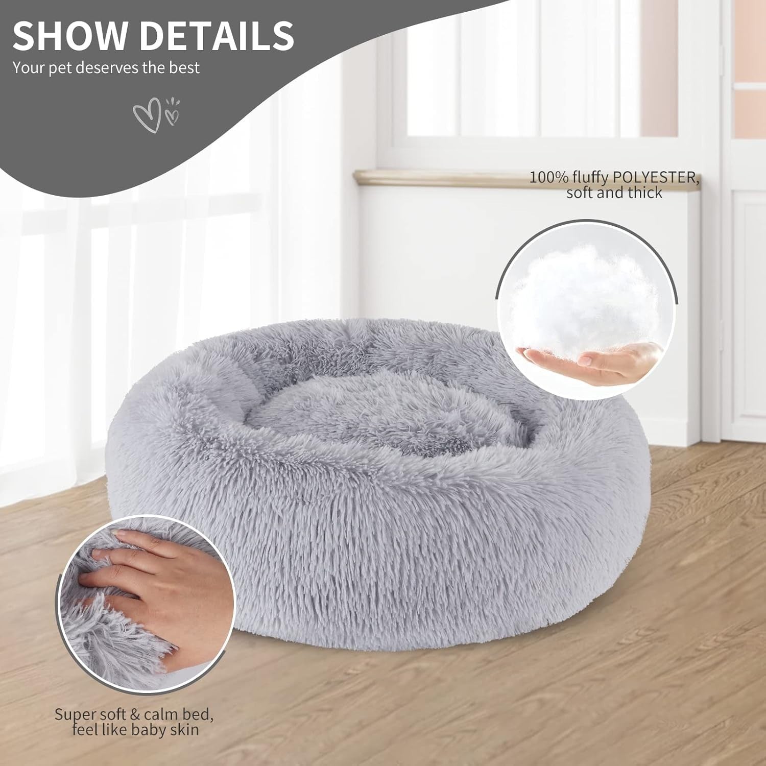 80cm Calming Donut Dog Bed Plush Washable Light Grey