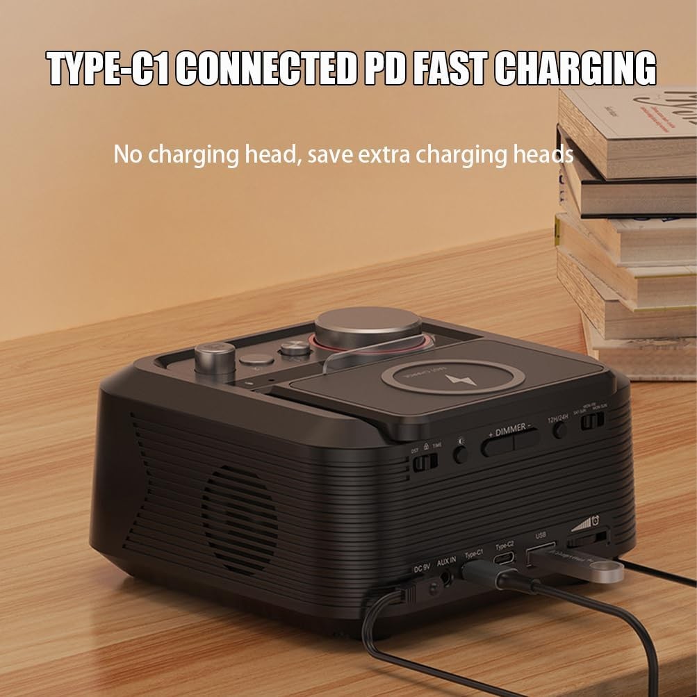 Wireless Charging Alarm Clock Radio 15W Fast Charge LED Night Light Speaker