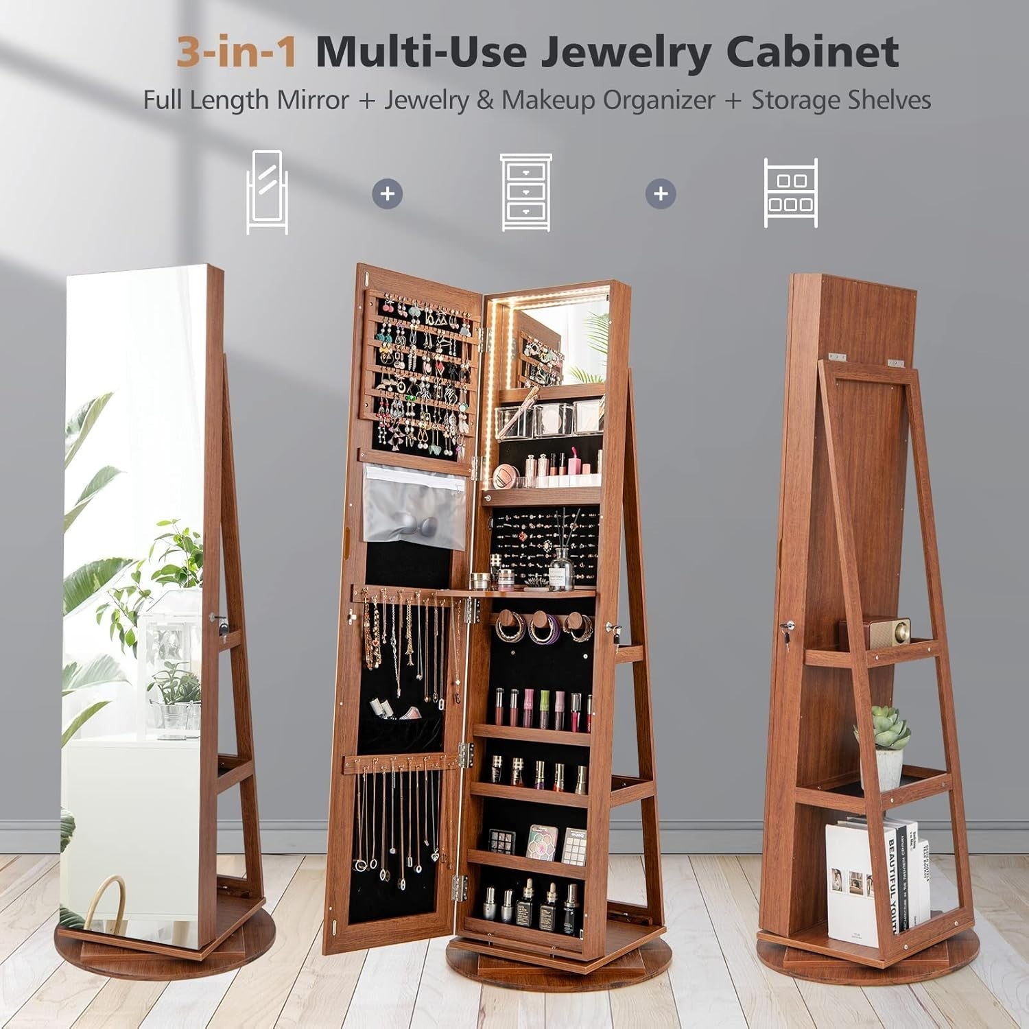 Brown 360° Swivel Jewelry Armoire LED Light Mirror Lockable Cabinet
