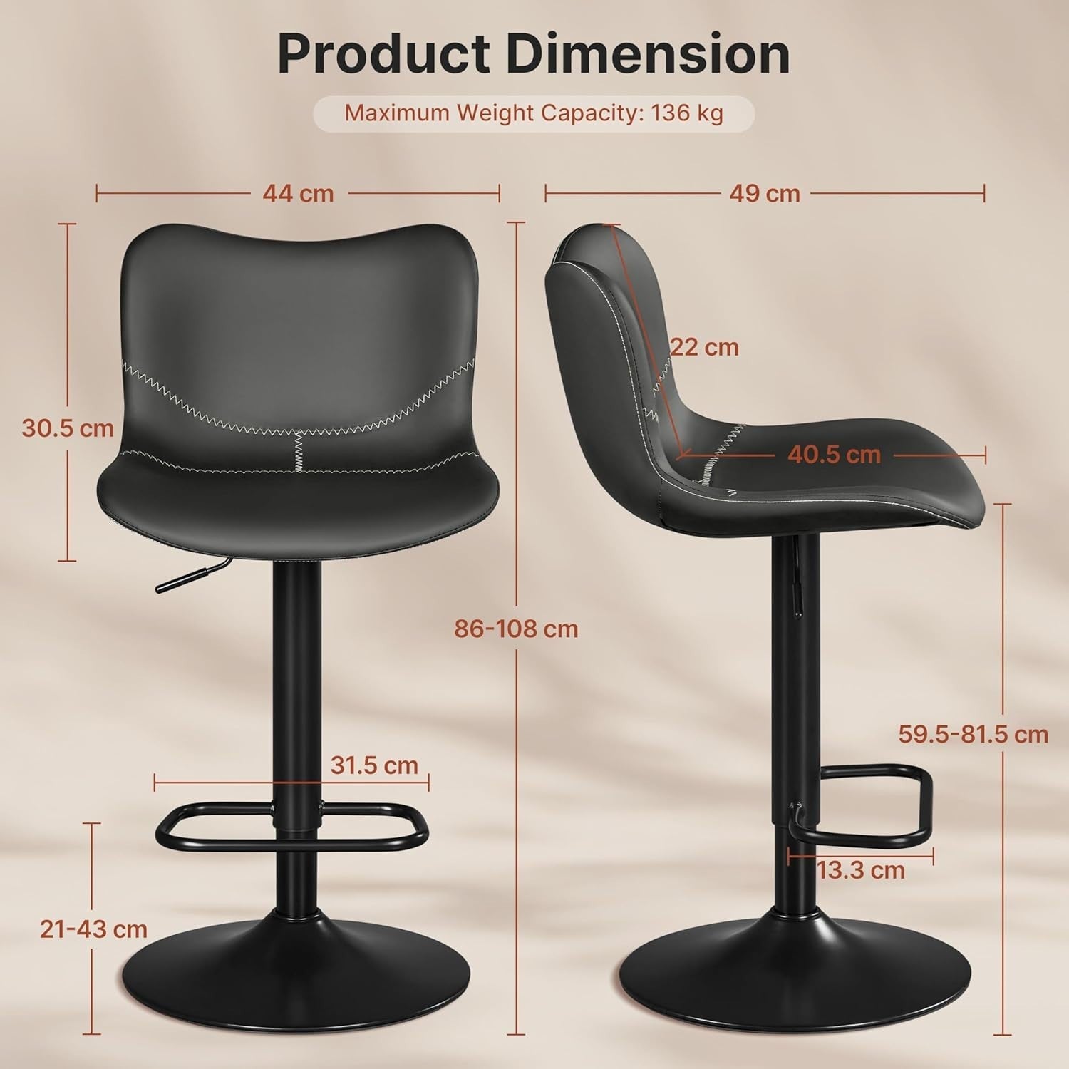 Adjustable Swivel Bar Stools Set of 2 Dark Grey PU Counter Height
