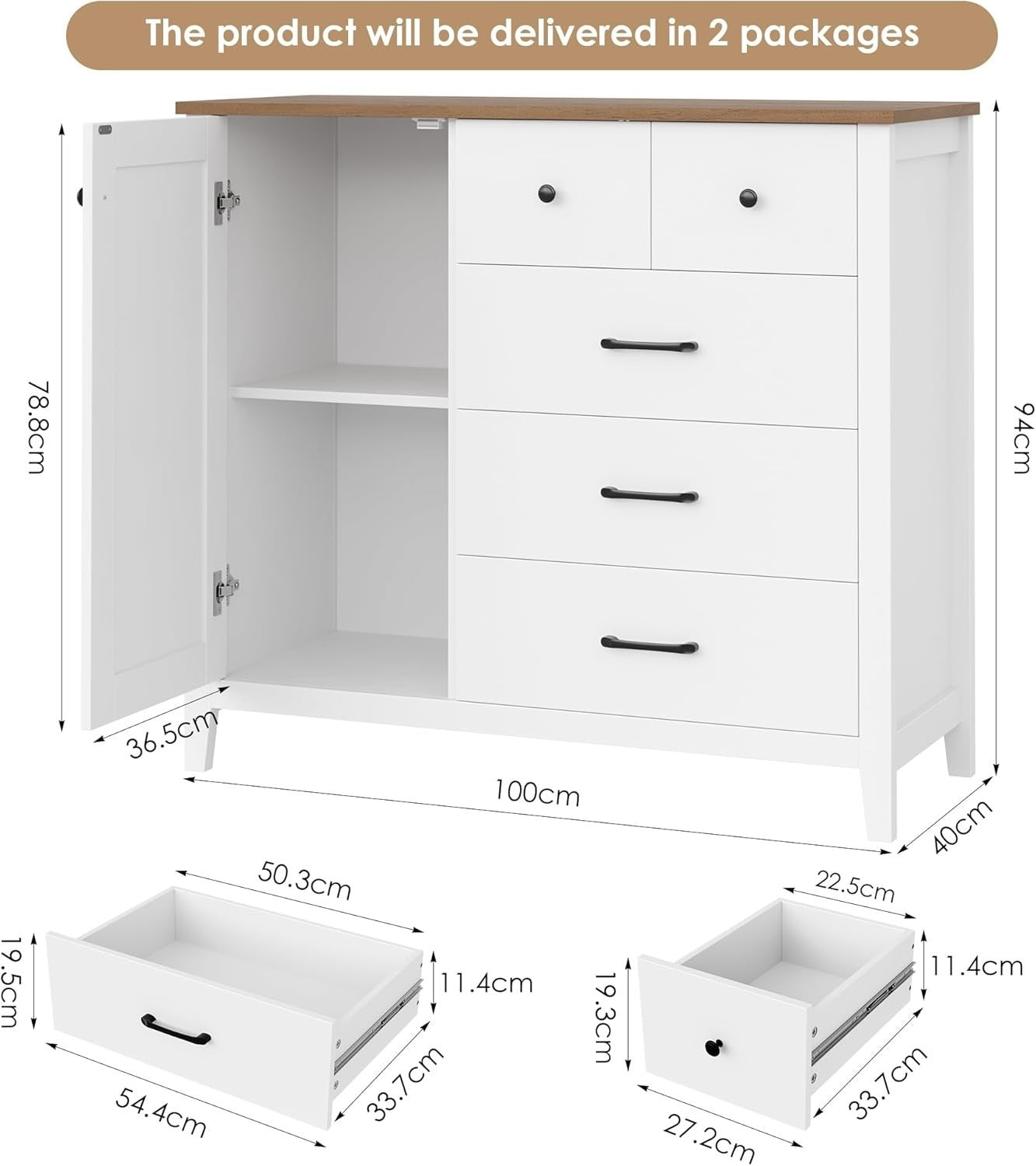 Modern Kitchen Sideboard with Adjustable Shelf & 5 Drawers White Brown