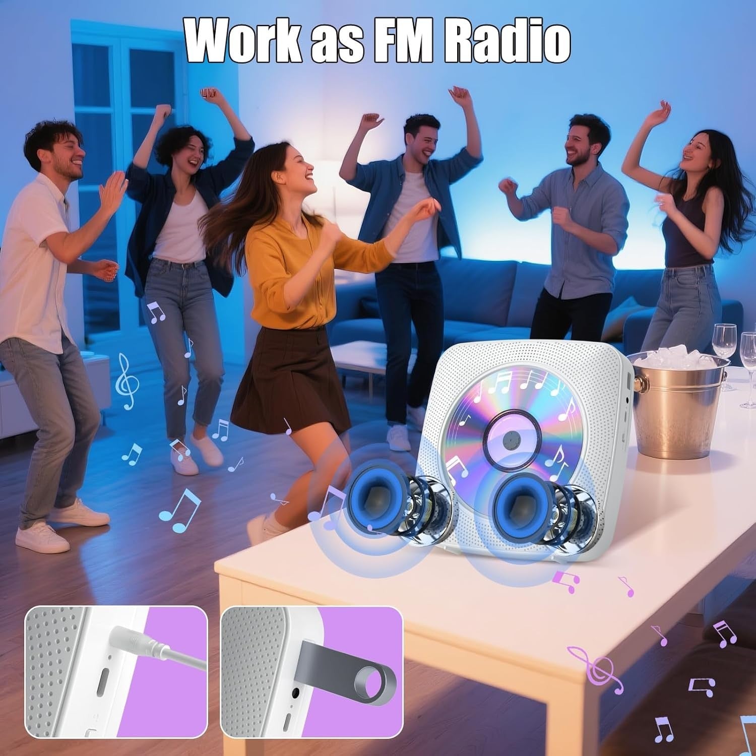 Desktop CD Player Bluetooth Speakers FM Radio USB AUX Remote White
