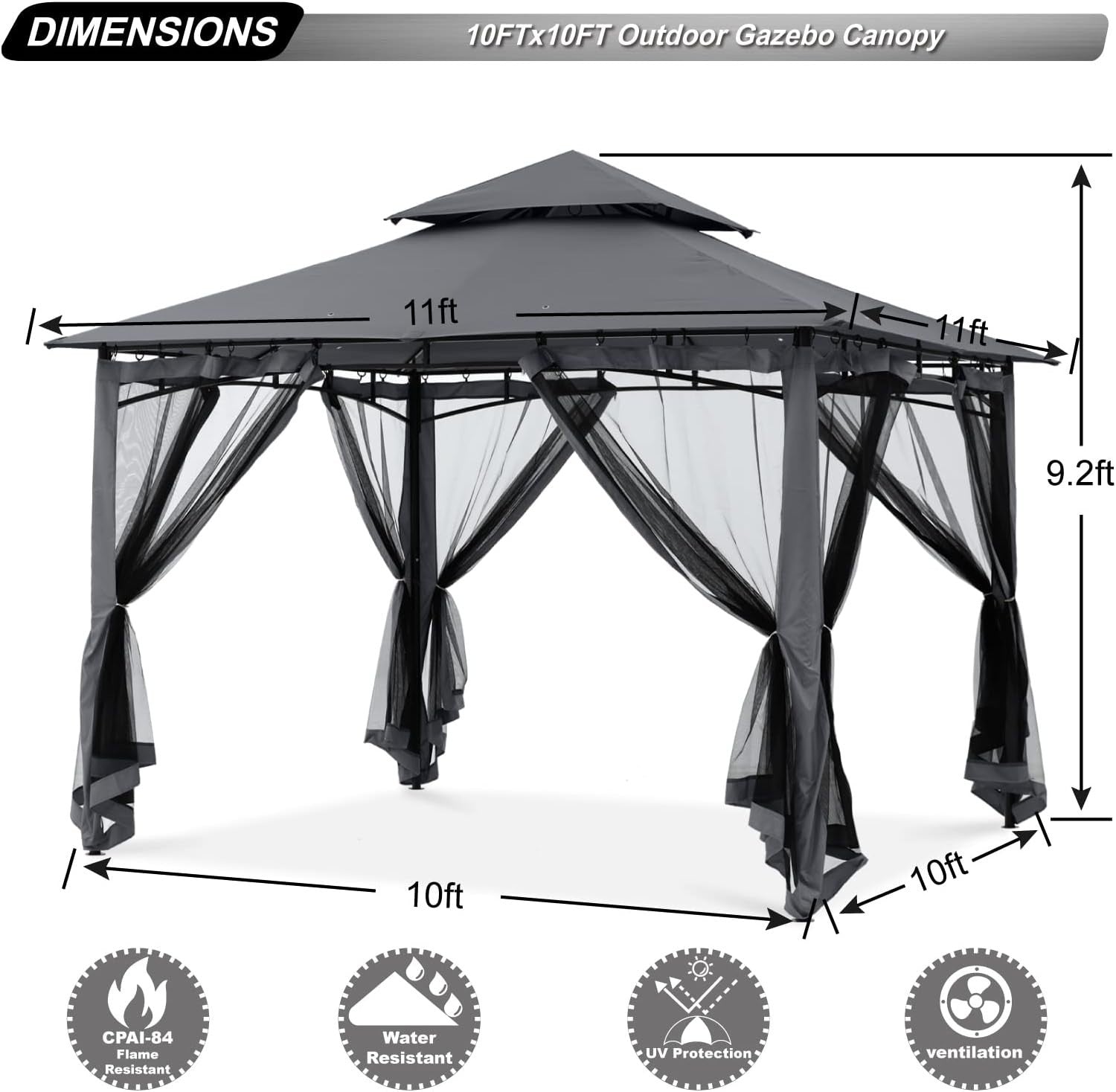 3x3M Grey Outdoor Gazebo With Netting Double Roof Waterproof Garden Patio Tent