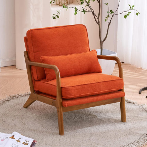 Orange Fabric Accent Armchair Solid Wood Lounge Chair w Cushion