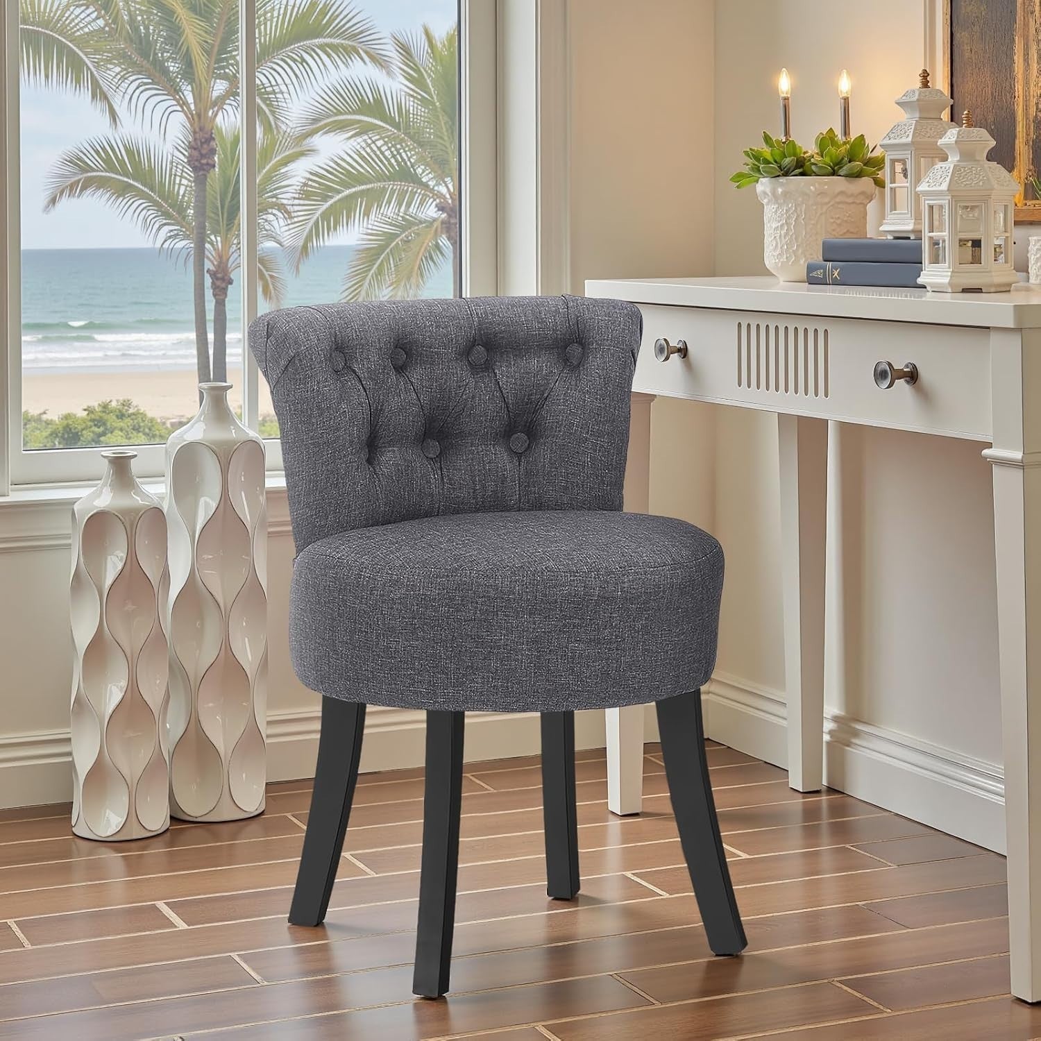Dark Grey High-Back Dressing Table Chair, Comfy Linen Vanity Seat Wooden Legs