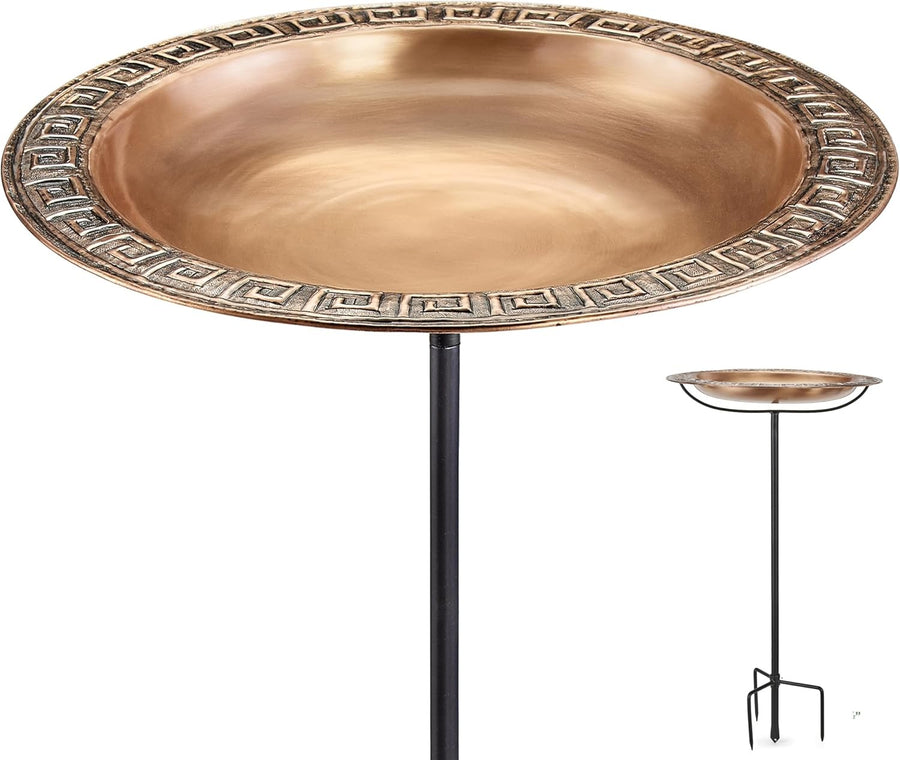 Greek Design Copper Bird Bath | 18" Large Garden Bowl with Metal Stand
