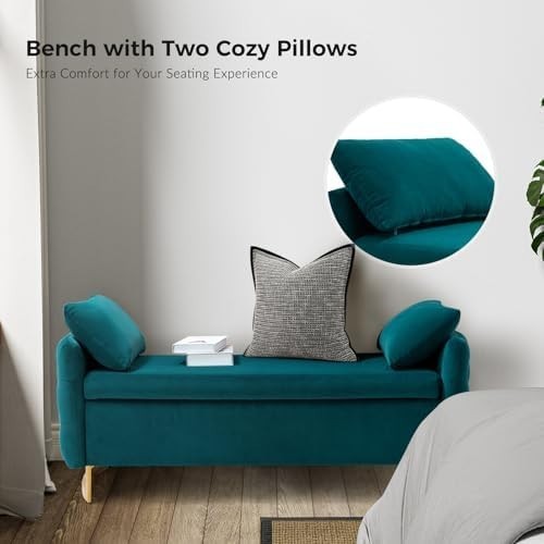 Large Teal Storage Ottoman Bench w/ Pillows Modern Upholstered Metal Legs