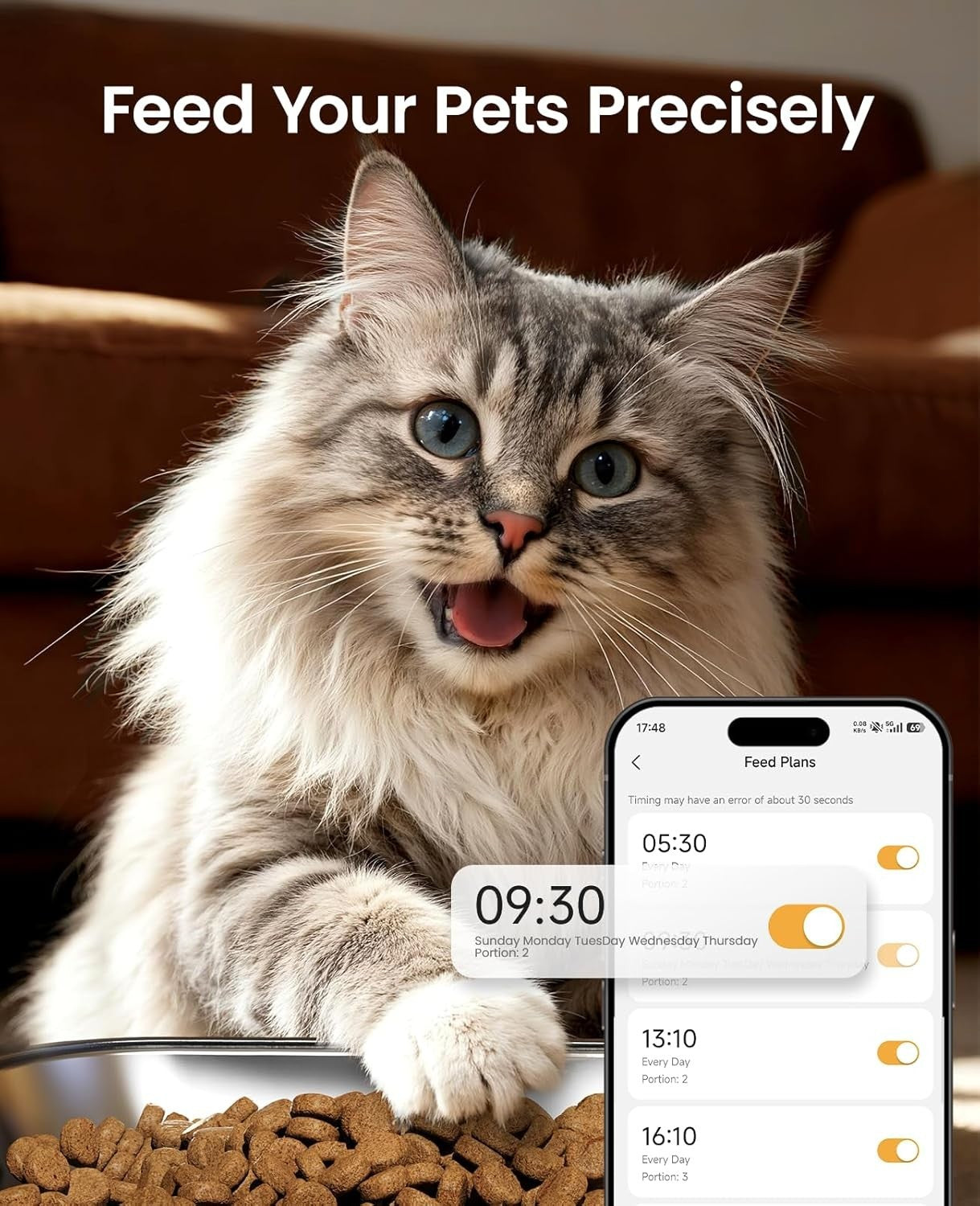 Automatic Cat Feeder 2 Cats WiFi App Control 5L Dual Bowl Food Dispenser