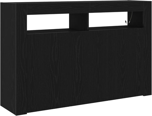 Modern Black Oak Sideboard Cabinet with LED Lighting, 3 Doors & 8 Compartments