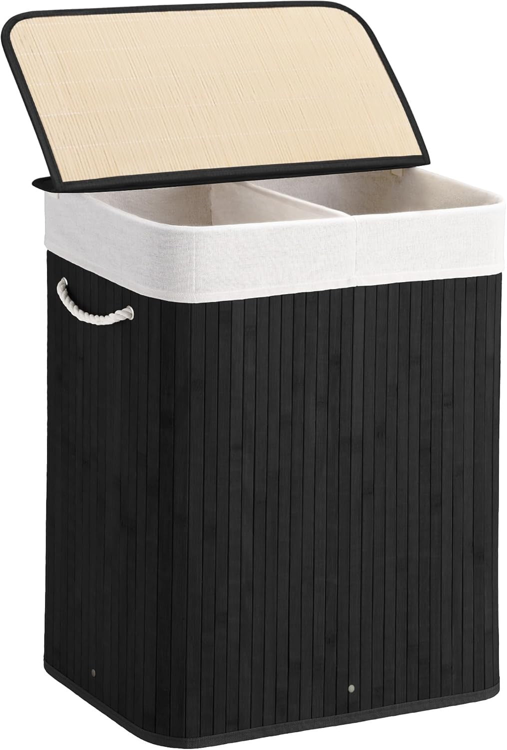 100L Bamboo Laundry Hamper with Lid 2-Section Foldable Clothes Basket Black