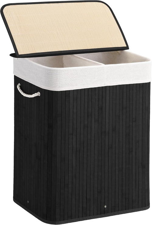 100L Bamboo Laundry Hamper with Lid 2-Section Foldable Clothes Basket Black